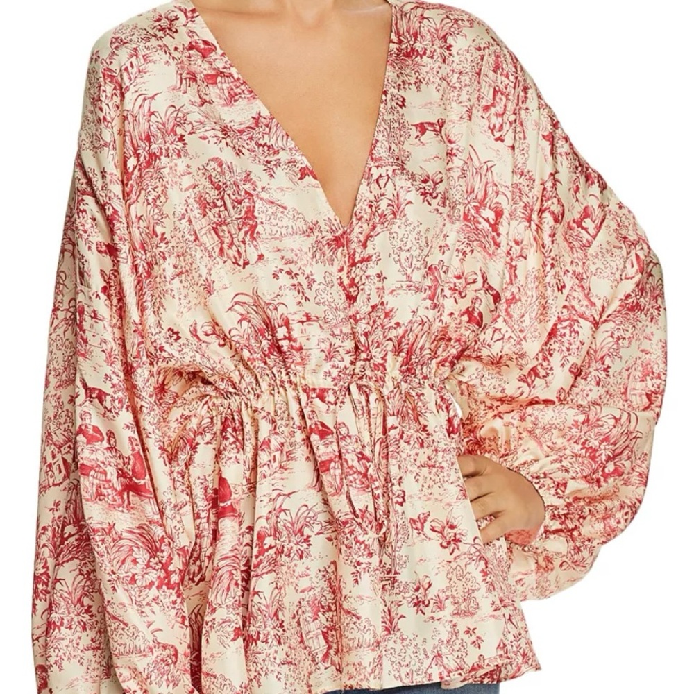 Chic V-Neck Red and Cream Blouse